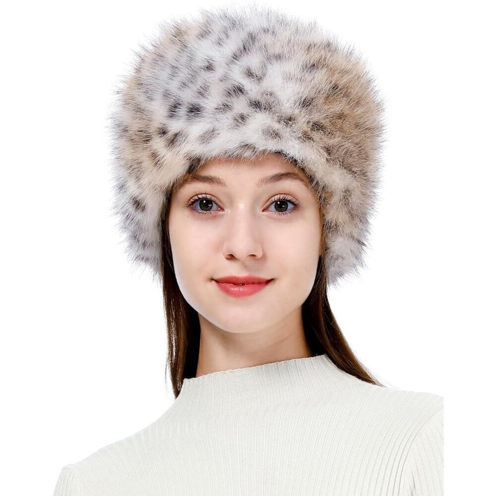 Women Khaki Leopard Winter Hat Faux Fur Russian Cossack Style